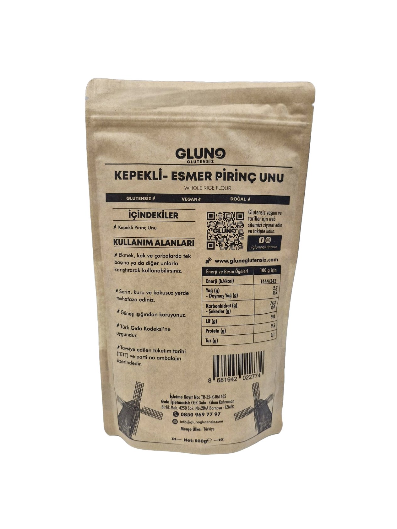 Gluno Glutensiz Kepekli-Esmer Pirinç Unu 500 gr