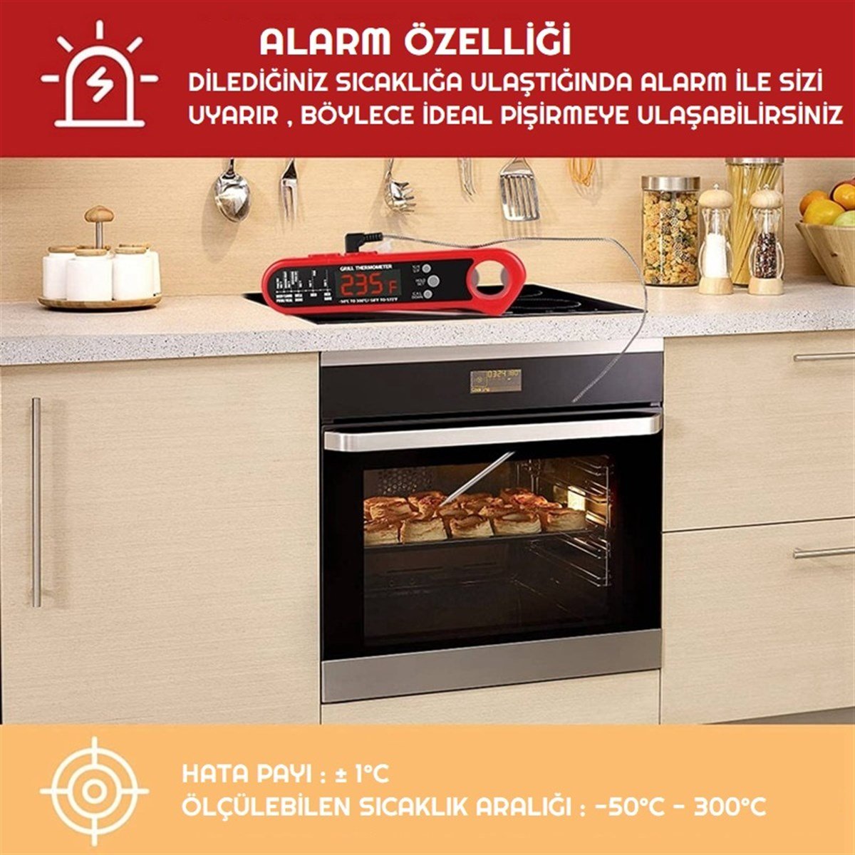 3 Farklı Problu Alarmlı Paslanmaz Çelik Dijital Termometre Yemek Gıda Sıcaklık Ölçer