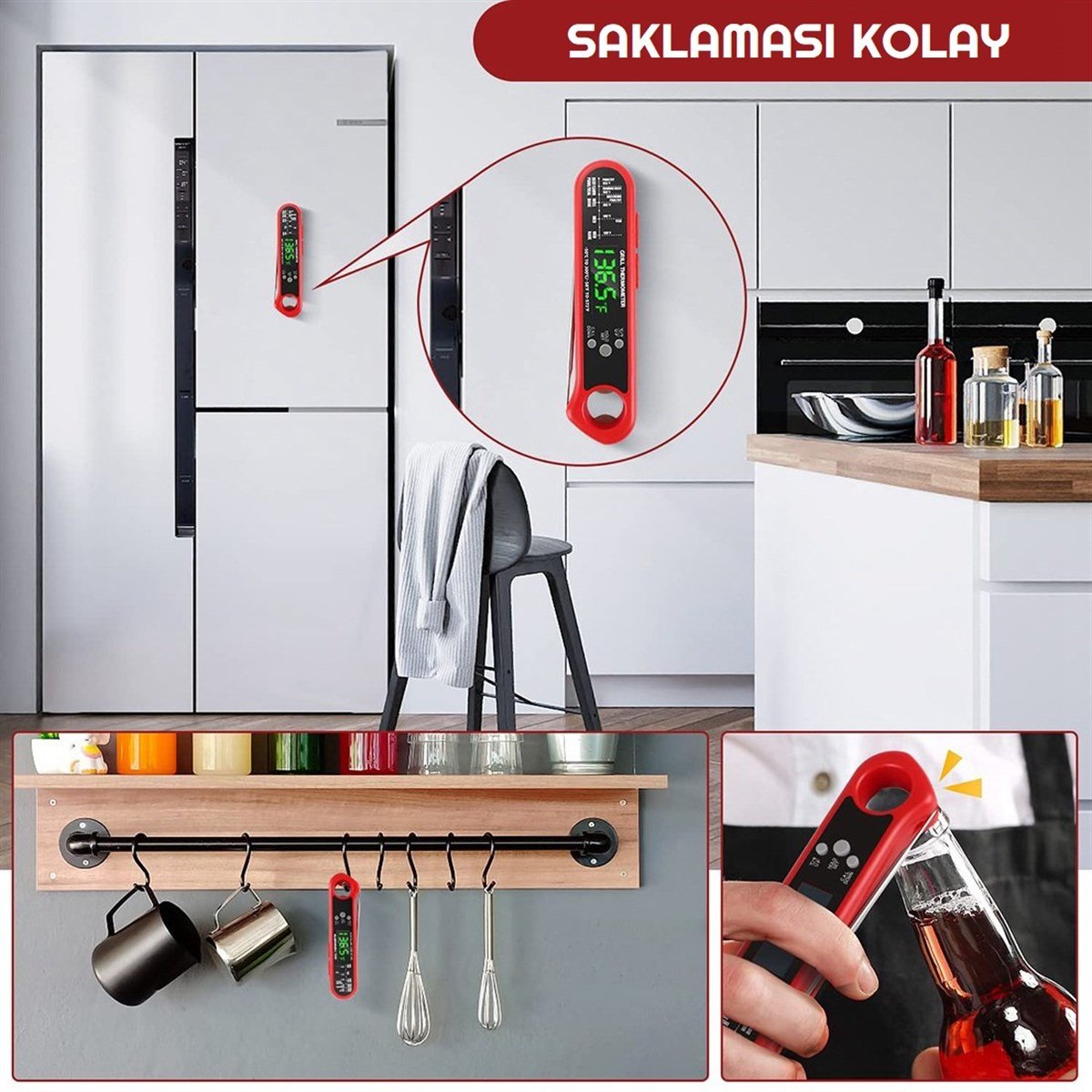 3 Farklı Problu Alarmlı Paslanmaz Çelik Dijital Termometre Yemek Gıda Sıcaklık Ölçer