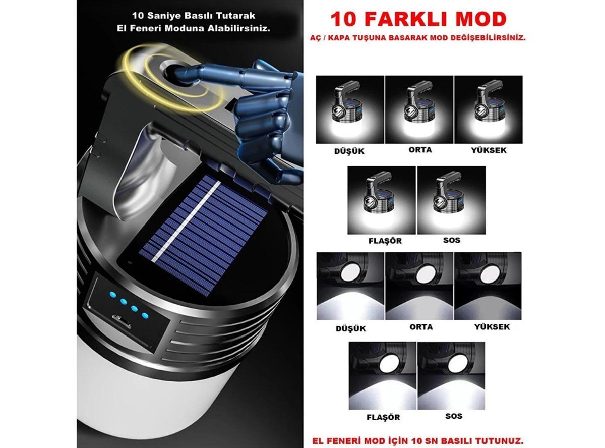 300w 10 Modlu Güneş Enerjili Solar Aydınlatma Kamp Çadır Lambası Ampül Led Şarjlı Işıldak El Feneri