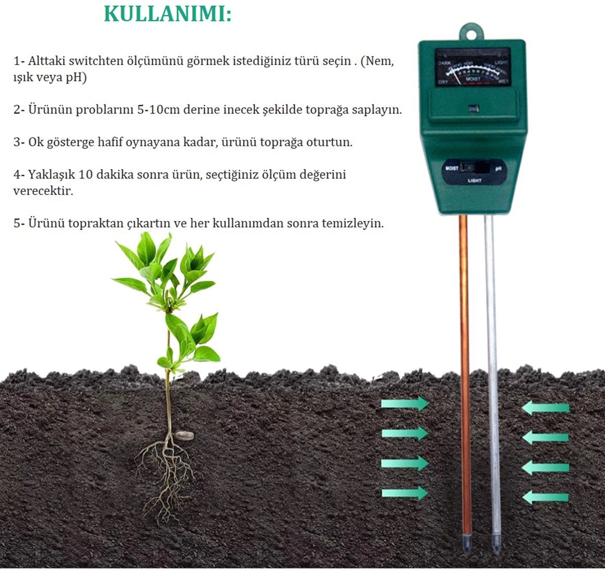 3Lü Toprak pH Ölçer Nem Ölçer Işık Ölçer Pilsiz Toprak Test Aleti