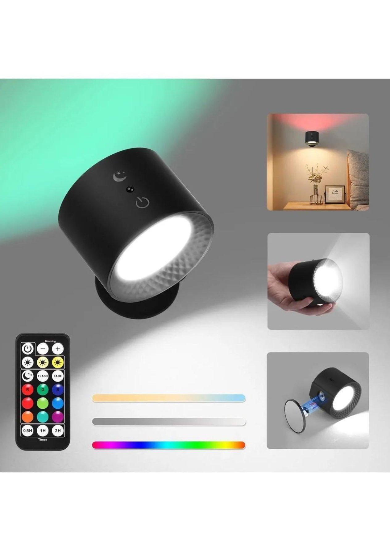 Çok Renkli Uzaktan Kumandalı Şarjlı Duvar Aplik Led Gece Lambası, 360° Dönebilir