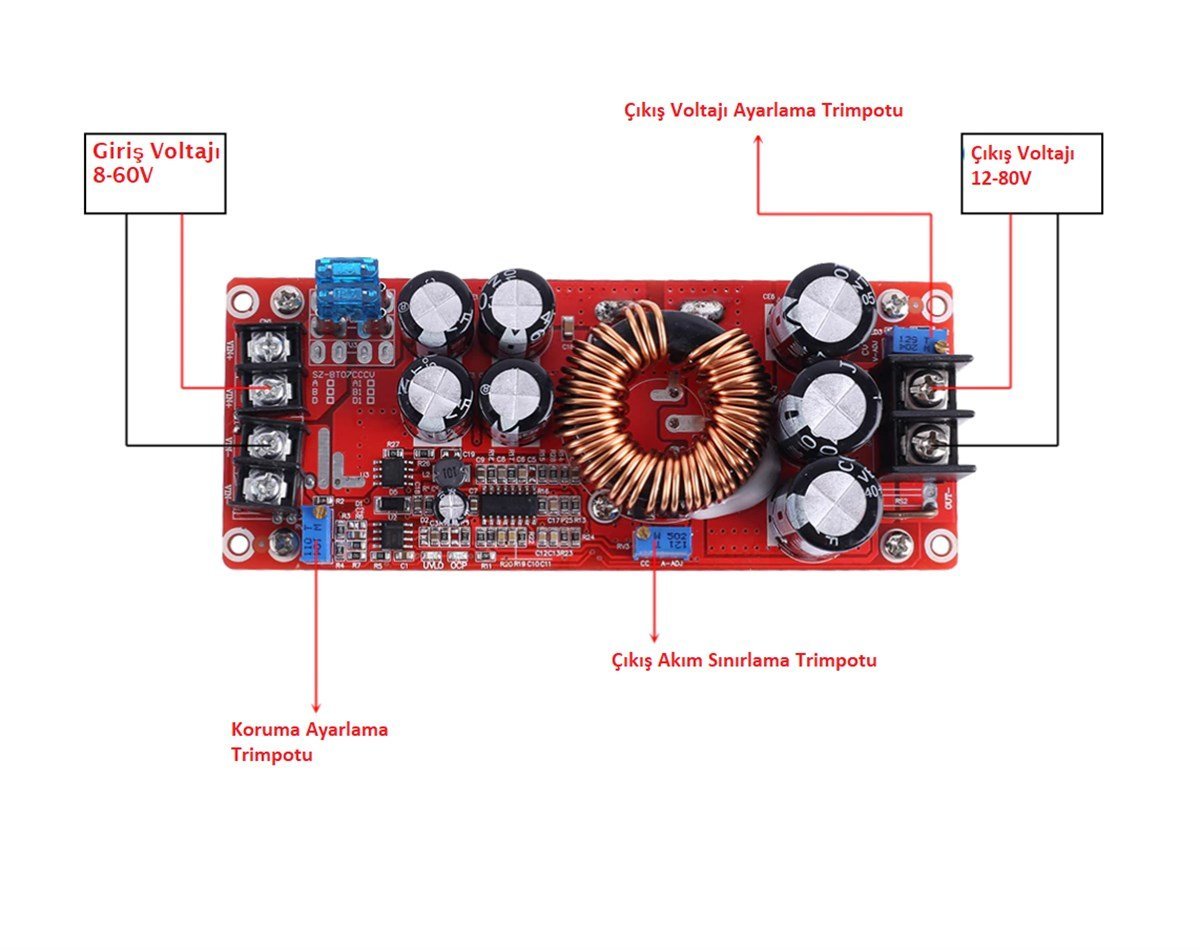DC DC 12V-80V Voltaj Yükseltici 20A 1200W Voltaj Regülatörü