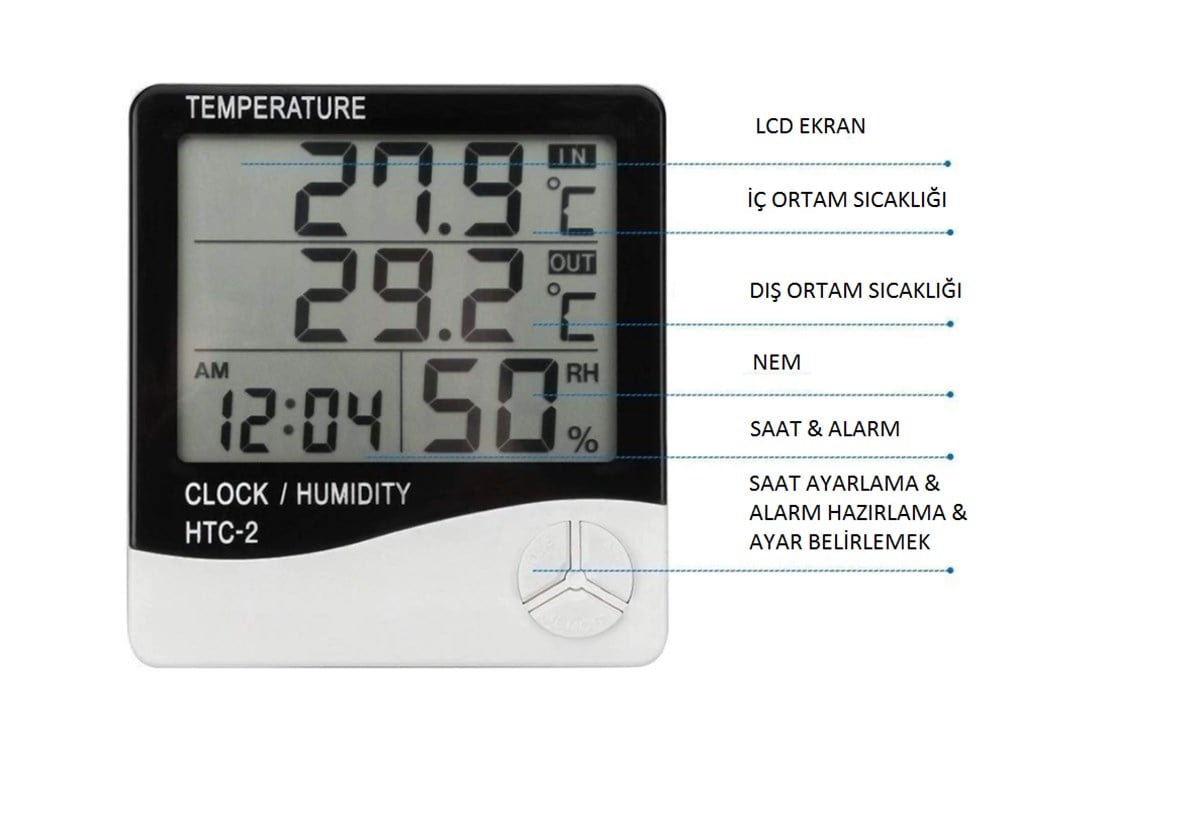 HTC-2 Dijital Termometre Higrometre Sıcaklık Nem Ölçer Saat Alarm