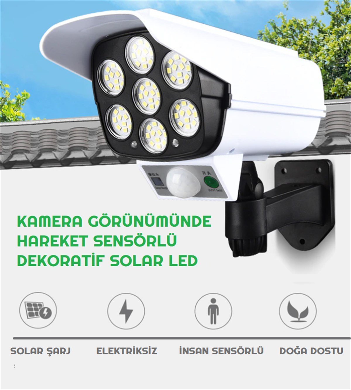 Kamera Görünümlü Hareket  Sensörlü Uzaktan Kumandalı Solar Bahçe Lambası