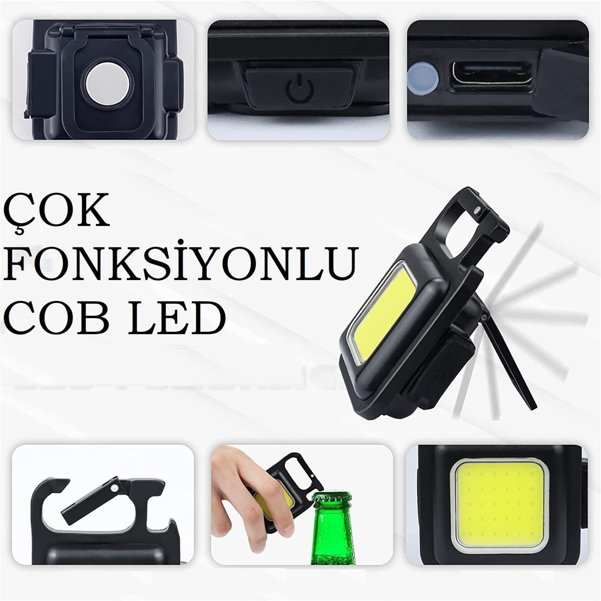 LED Anahtarlık El Feneri Şişe Açacağı USB’li Şarj Edilebilir Mıknatıslı 4 Işık Modlu