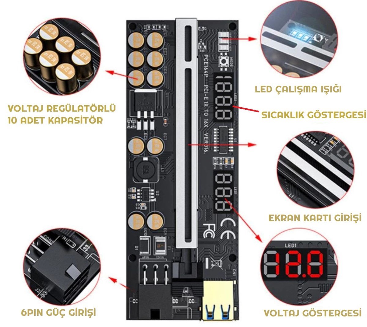 Riser V016 Voltaj Regülatörlü 10 Kapasitör Ekran Kartı Yükseltici PCI-E x16