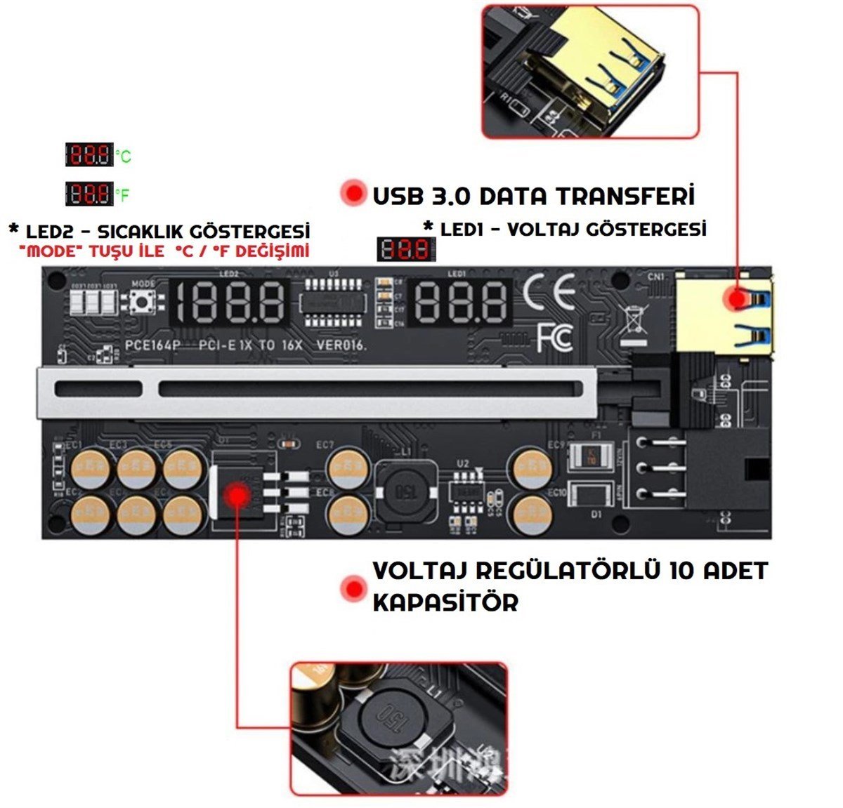 Riser V016 Voltaj Regülatörlü 10 Kapasitör Ekran Kartı Yükseltici PCI-E x16