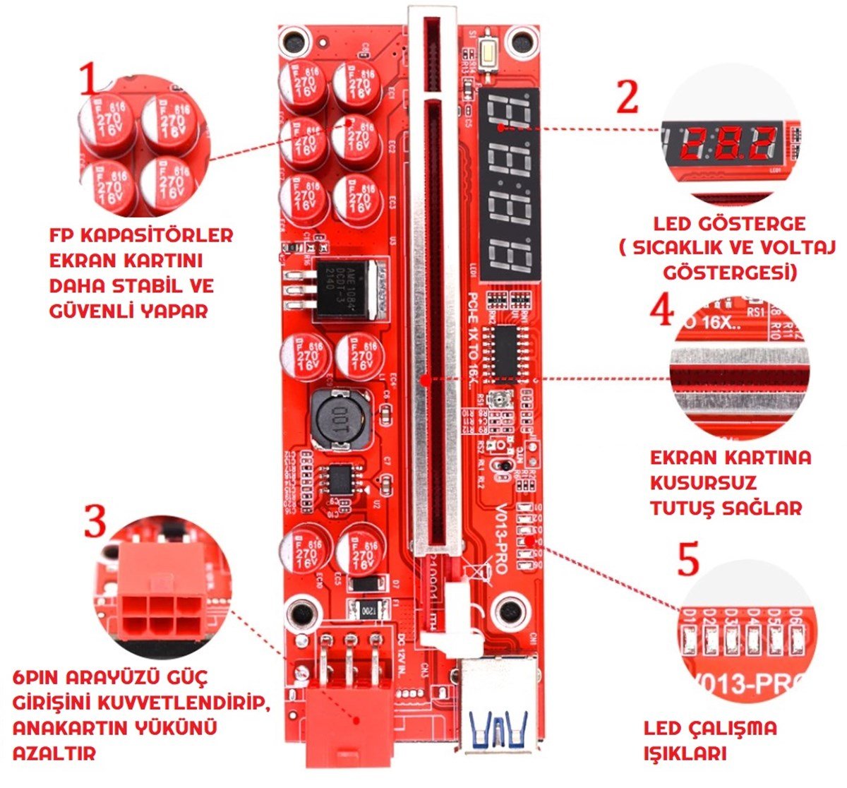 Sıcaklık ve Voltaj Göstergeli Riser V013 Pro Ekran Kartı Yükseltici PCI-E x16
