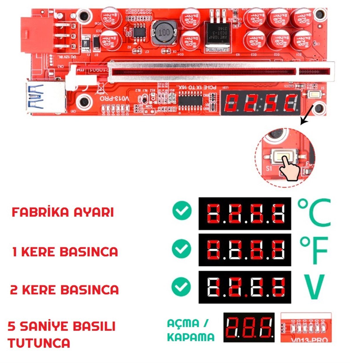 Sıcaklık ve Voltaj Göstergeli Riser V013 Pro Ekran Kartı Yükseltici PCI-E x16