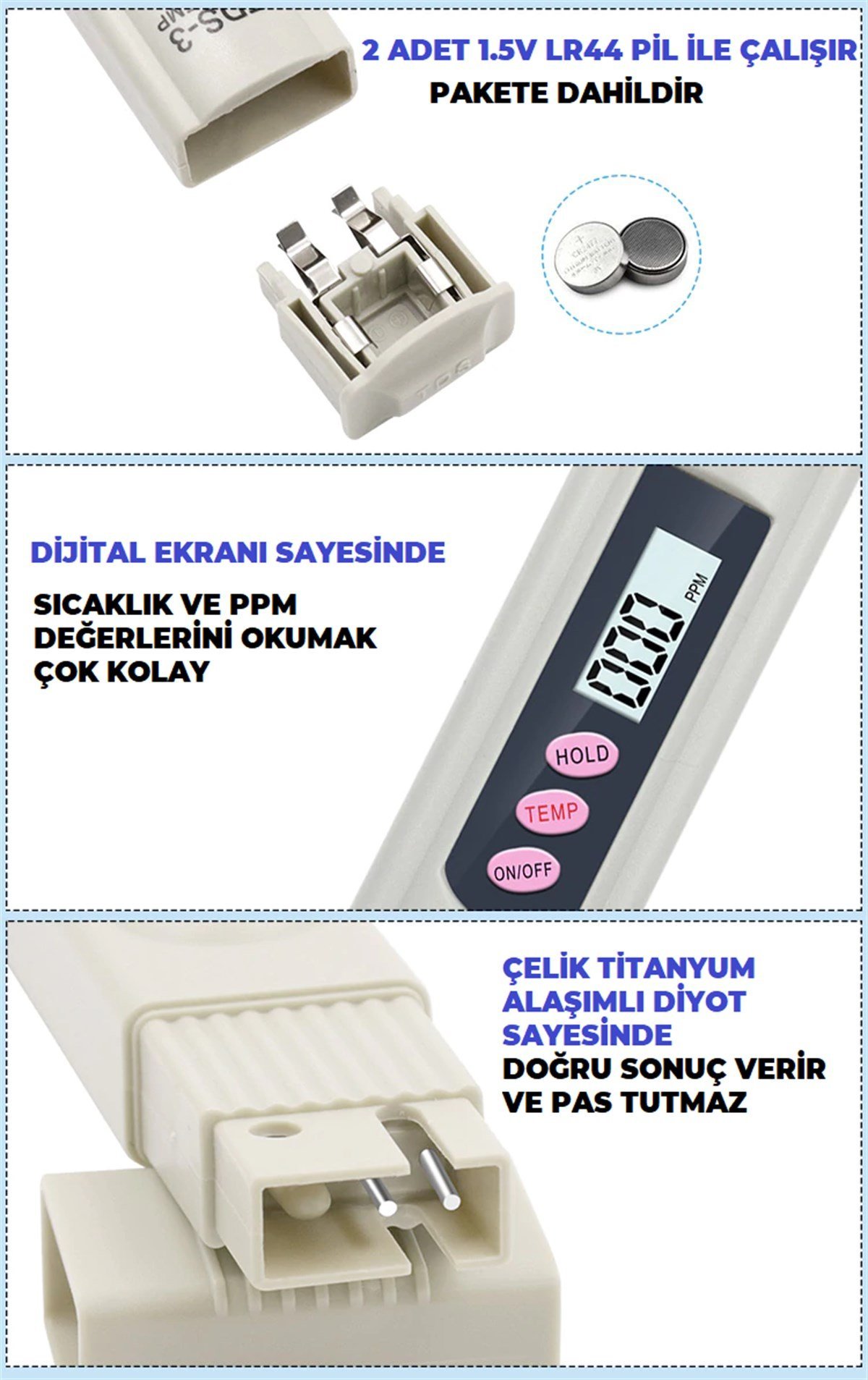 TDS Metre Su Kalite Test Ölçüm Cihazı Saflık Ölçer Pil + Kılıf