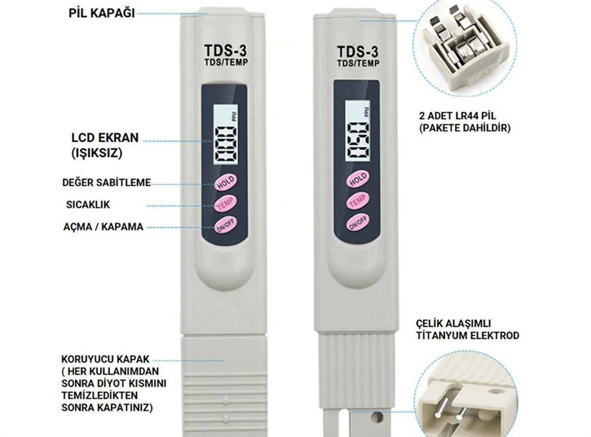 Tds Metre Su Kalite Test Ölçüm Cihazı Saflık Ölçer Pil