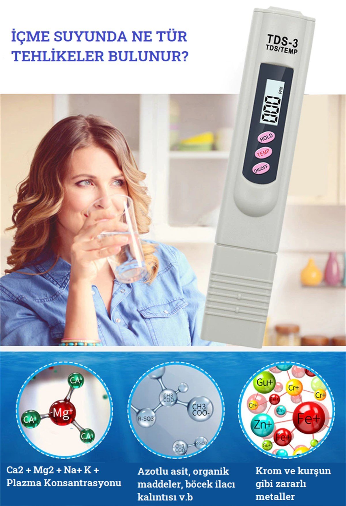 TDS Metre Su Kalite Test Ölçüm Cihazı Saflık Ölçer Pil + Kılıf