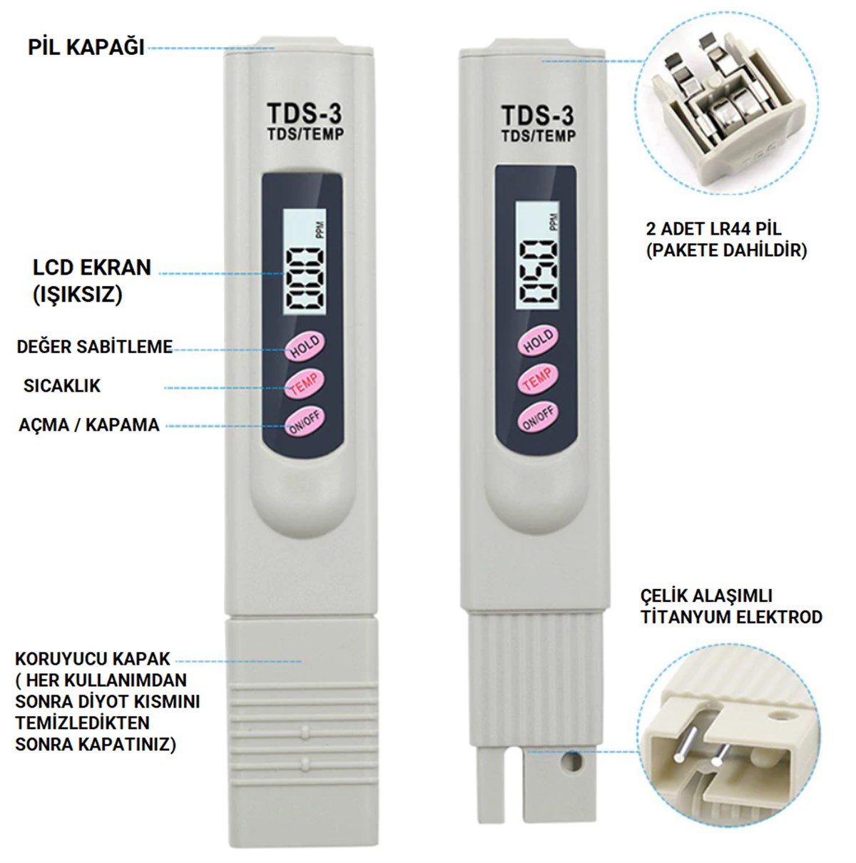 TDS Metre Su Kalite Test Ölçüm Cihazı Saflık Ölçer Pil + Kılıf