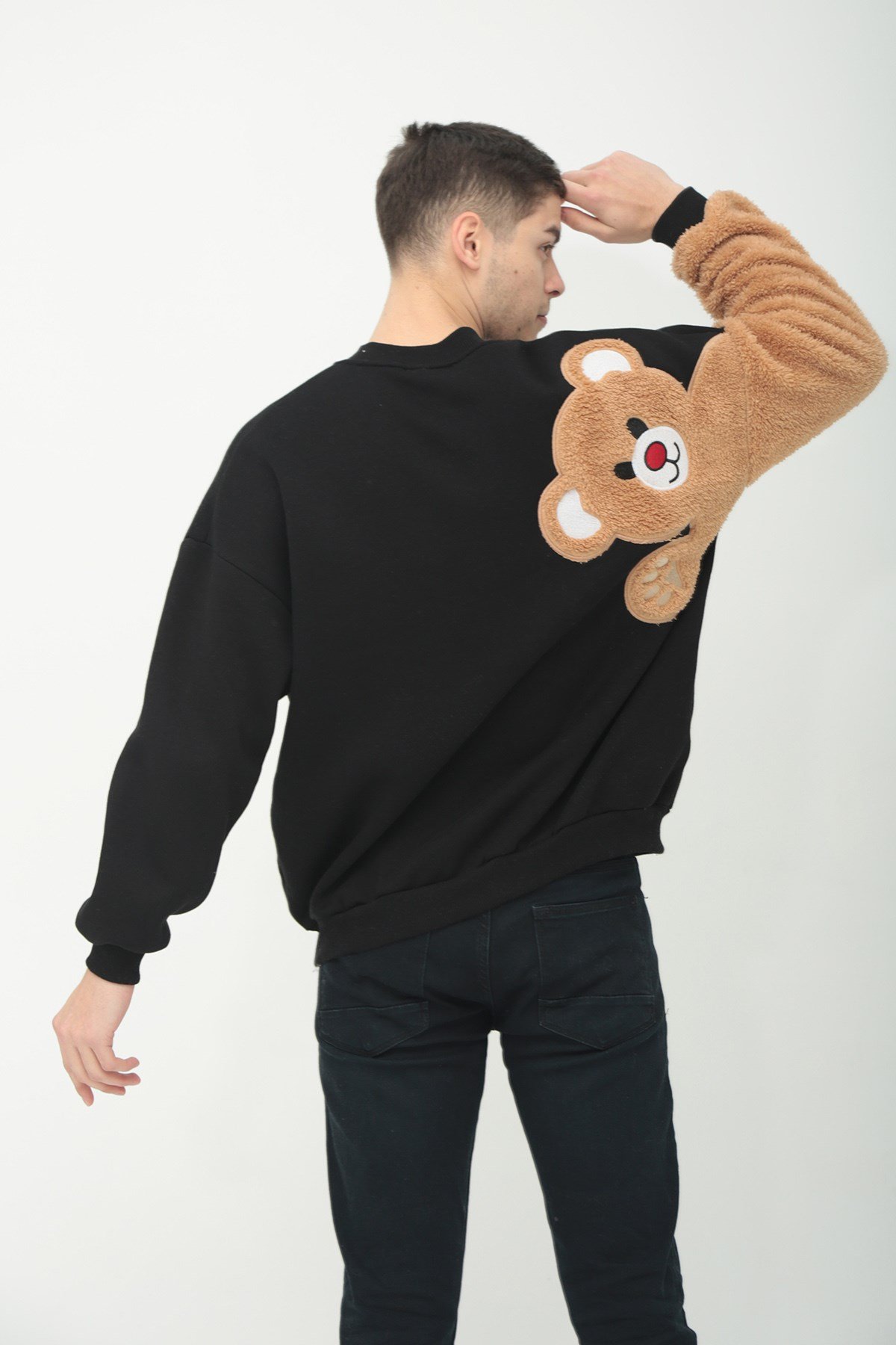 Erkek Siyah Ayı Nakışlı Peluşlu Kolej Ceket