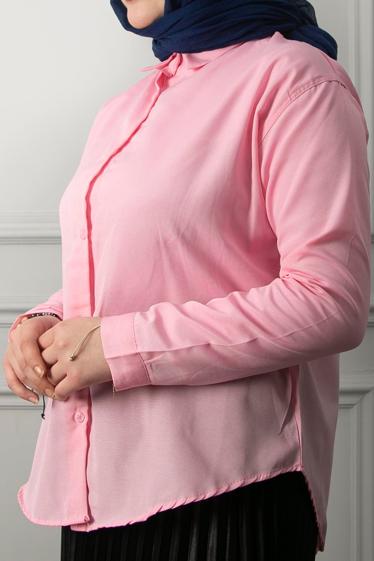 Kadın Pembe Oversize Düz Gömlek