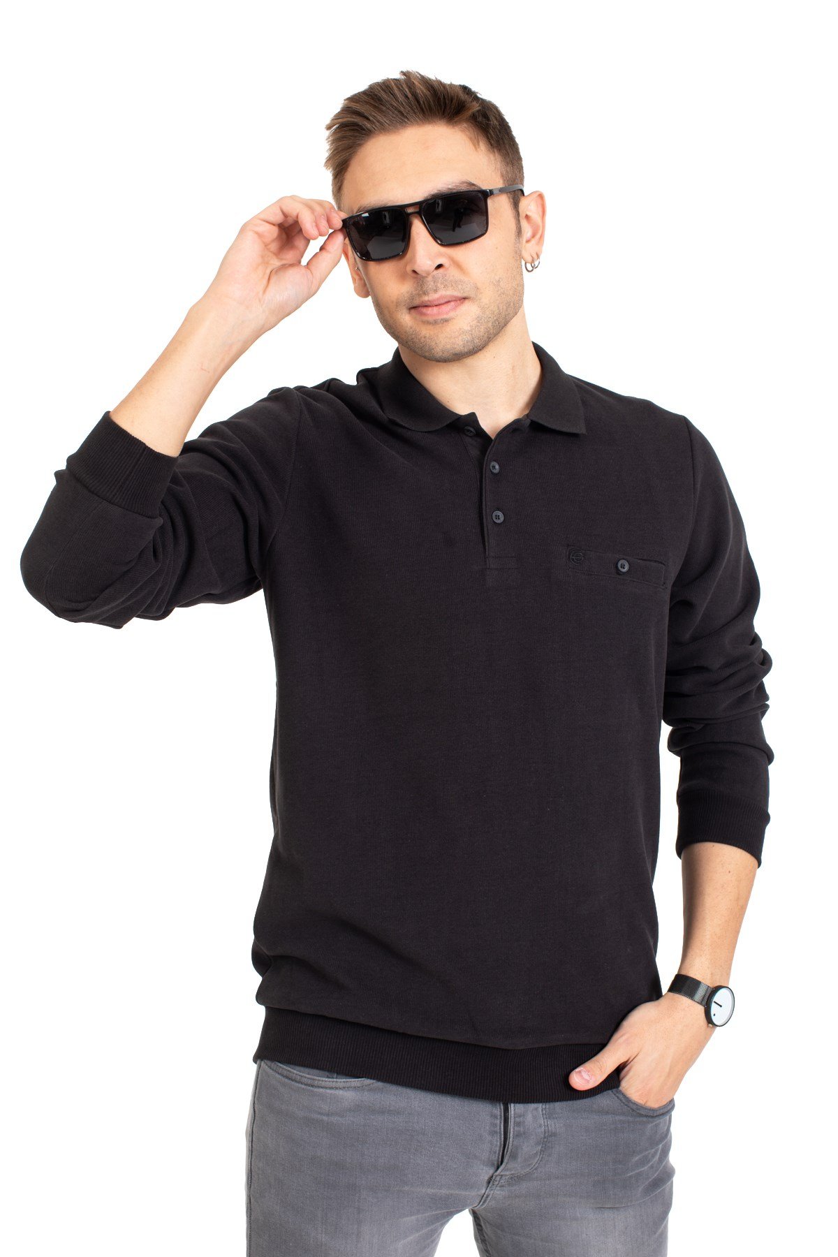 Erkek Klasik Regular Kalıp Pamuklu Selanik Polo Yaka Sweatshirt 1108-Siyah