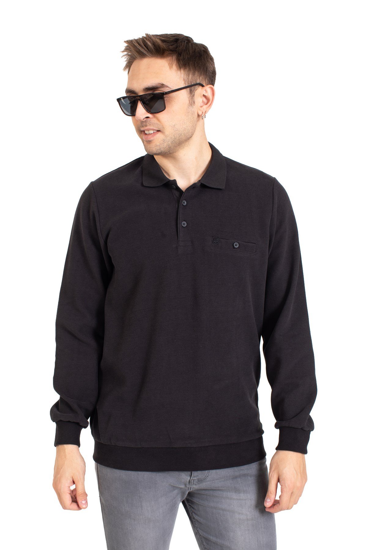 Erkek Klasik Regular Kalıp Pamuklu Selanik Polo Yaka Sweatshirt 1108-Siyah