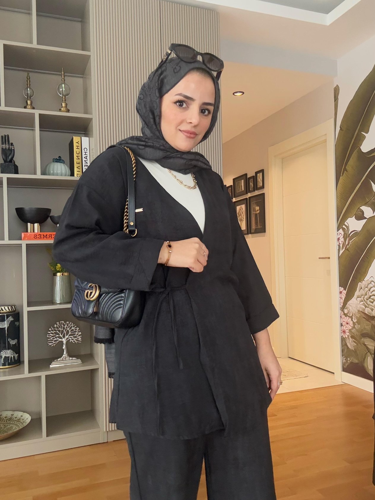 Kimona Pamuklu Bağlamalı Tunik Takım Siyah