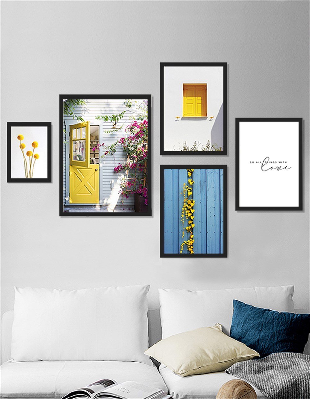 Sarı Detaylı Şehir Manzaraları Çerçeveli Tablo Set 