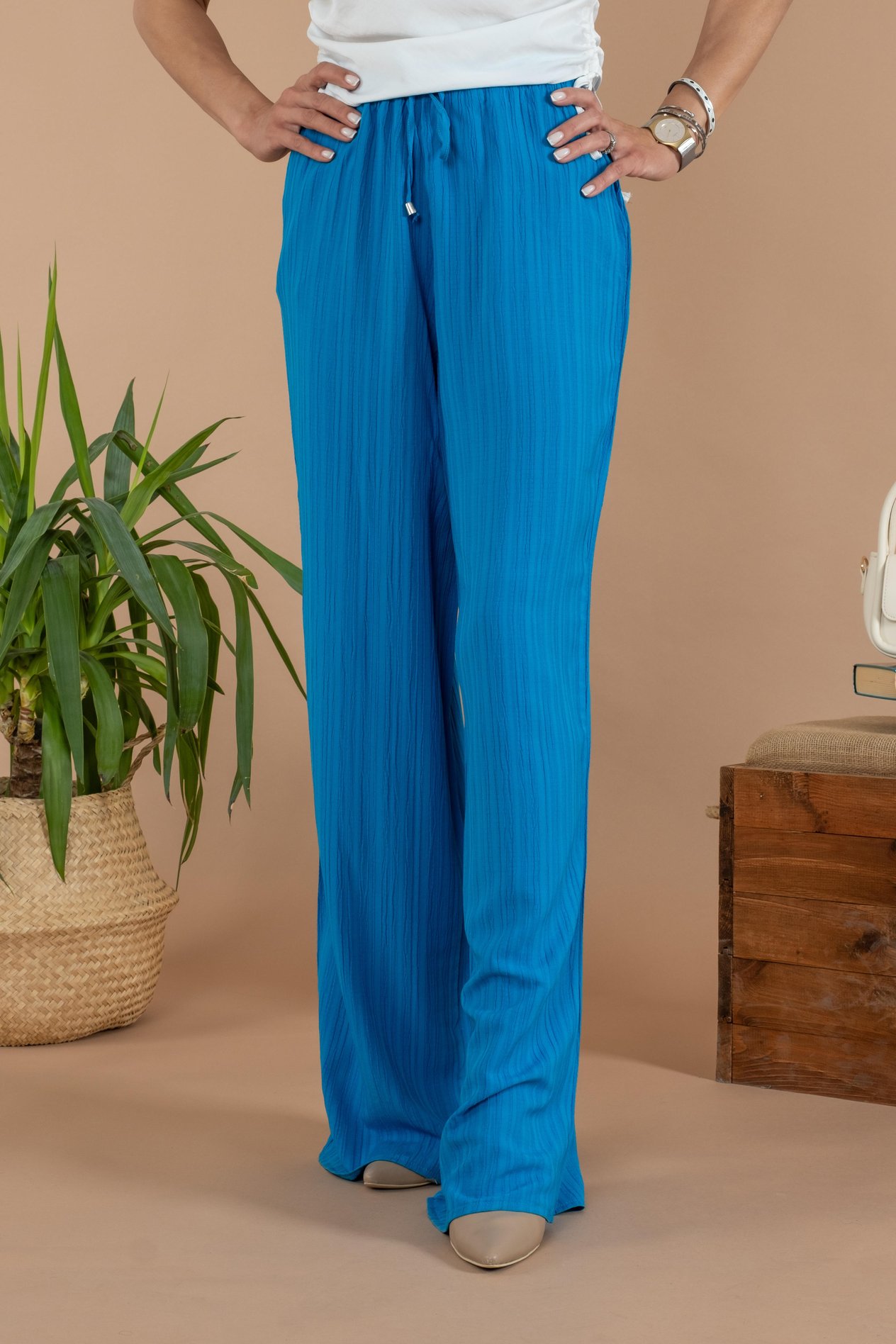 Mgebutik Mavi Kadın Cepli  Bol Paça PantolonMgebutik Mavi Kadın Cepli  Bol Paça Pantolon