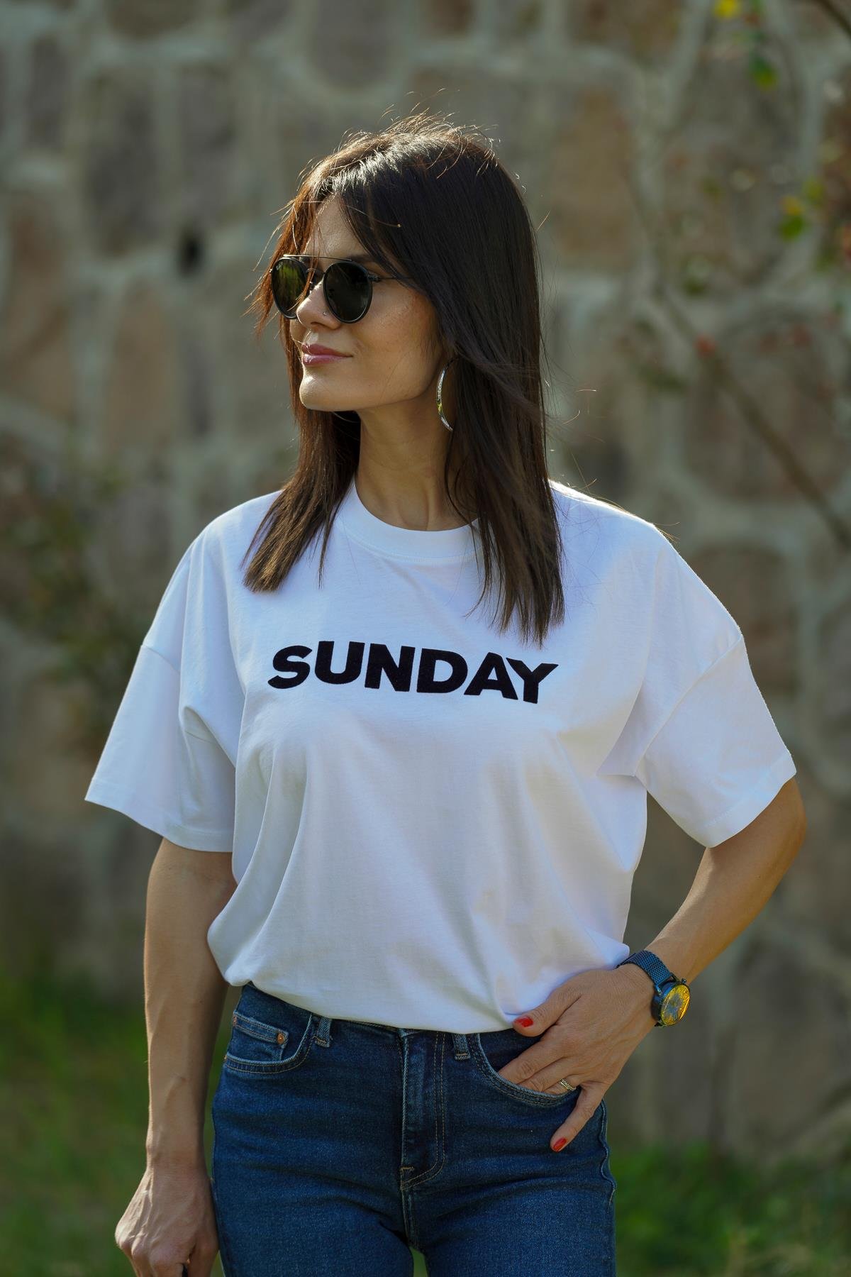 Mgebutik Beyaz Kadın Sunday Yazılı Bisiklet Yaka Oversize TshirtMgebutik Beyaz Kadın Sunday Yazılı Bisiklet Yaka Oversize Tshirt