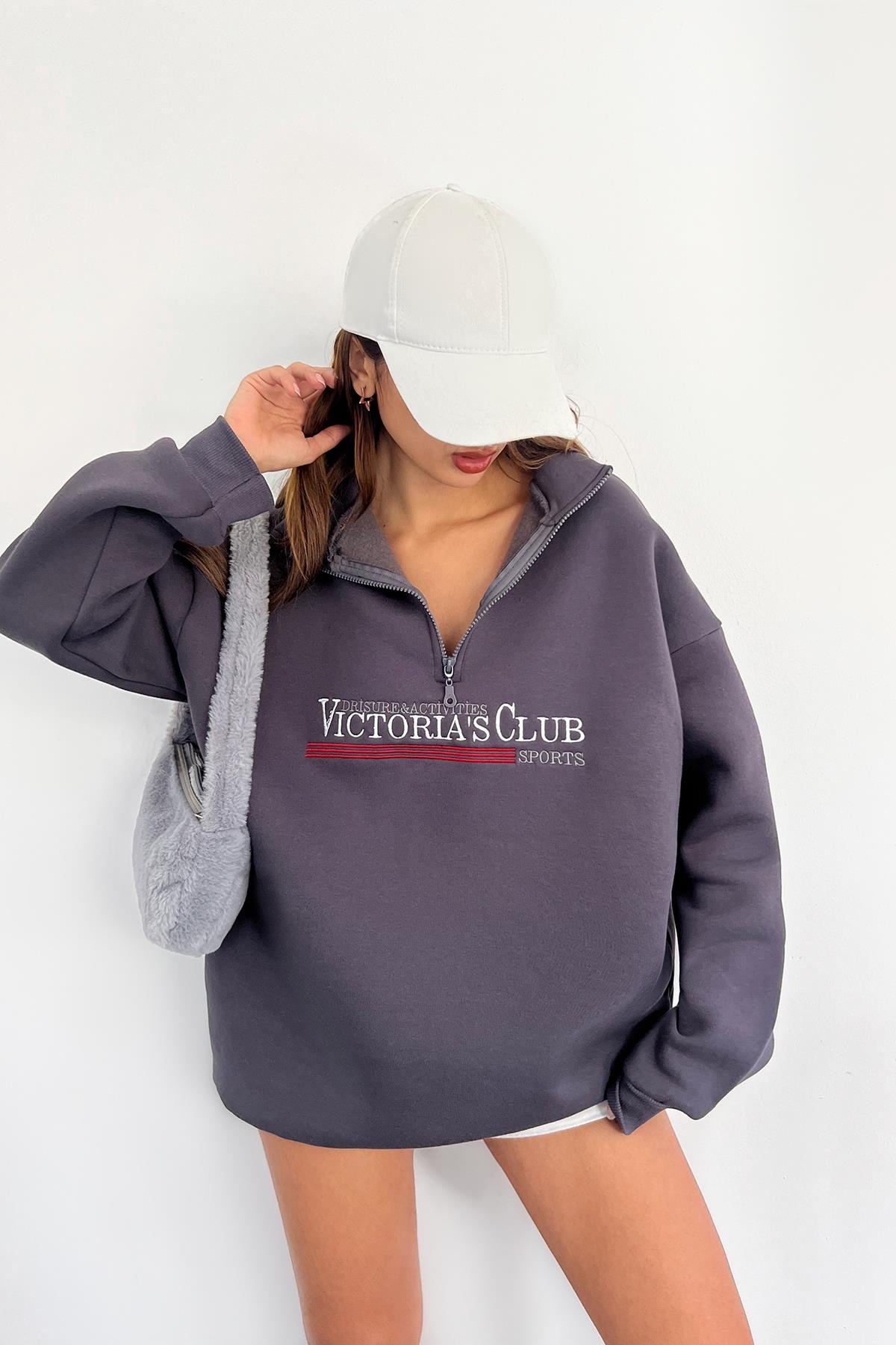 Antrasit Fermuarlı Victorias Club Sports Baskılı Sweat