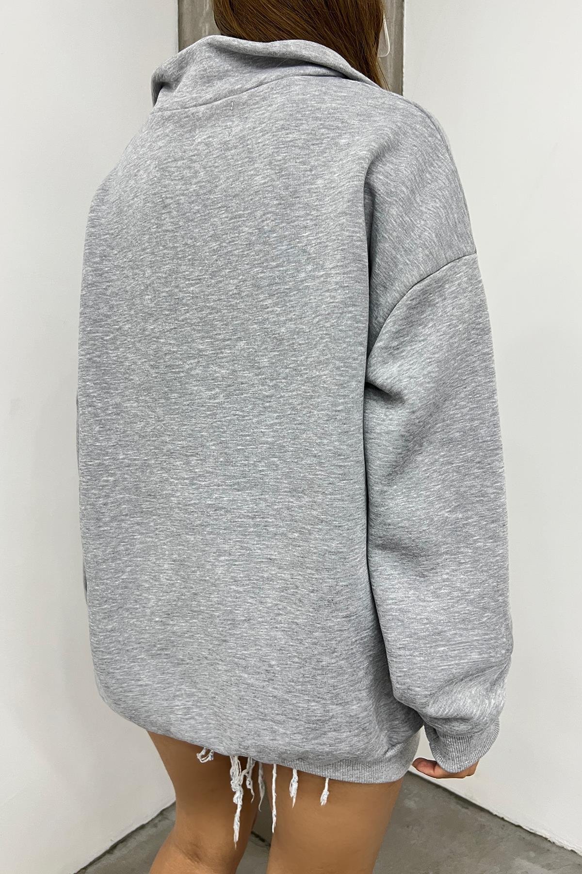Gri Oakland Baskılı Fermuarlı Sweat