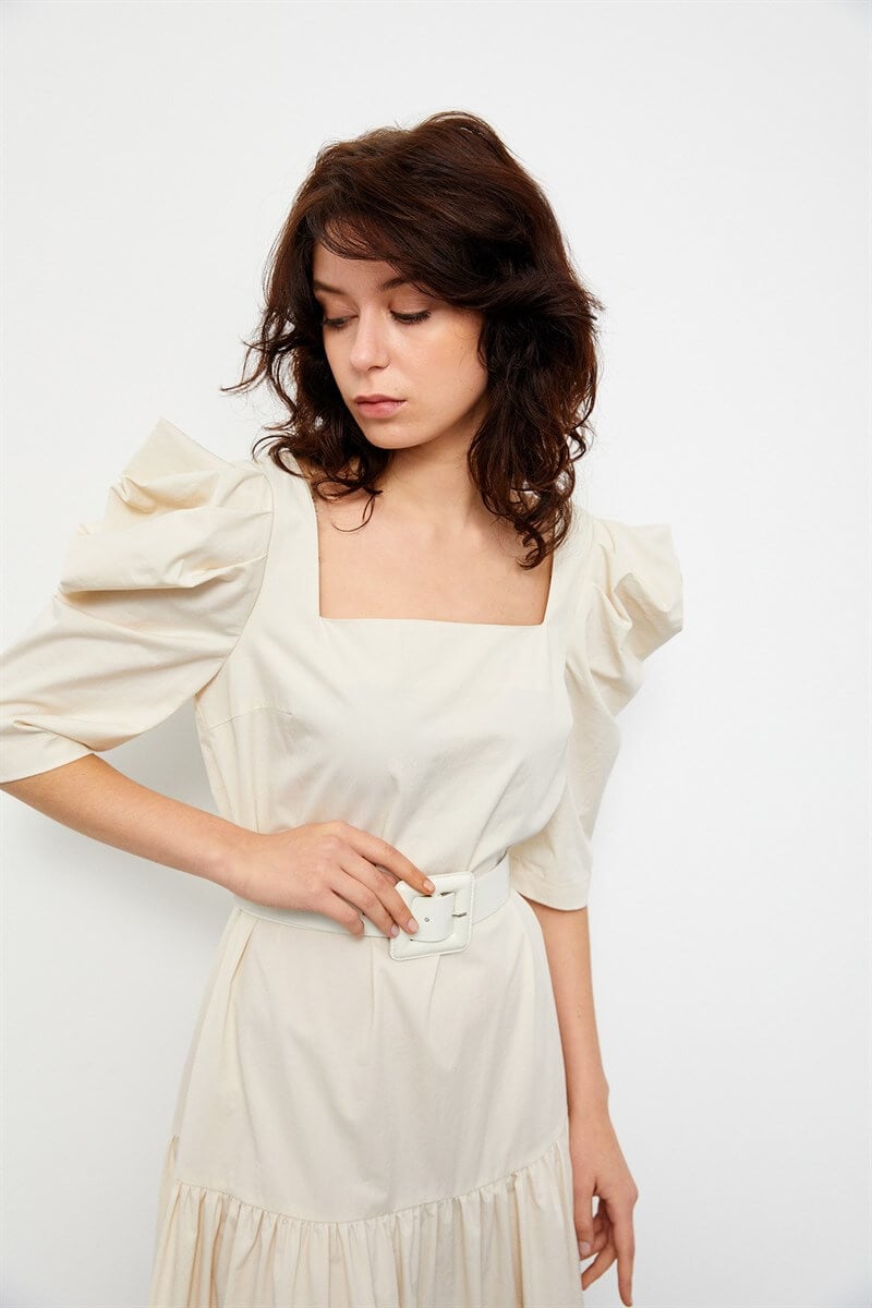 Bej-Kahve Color Block Kemerli Midi ElbiseST060S4010011