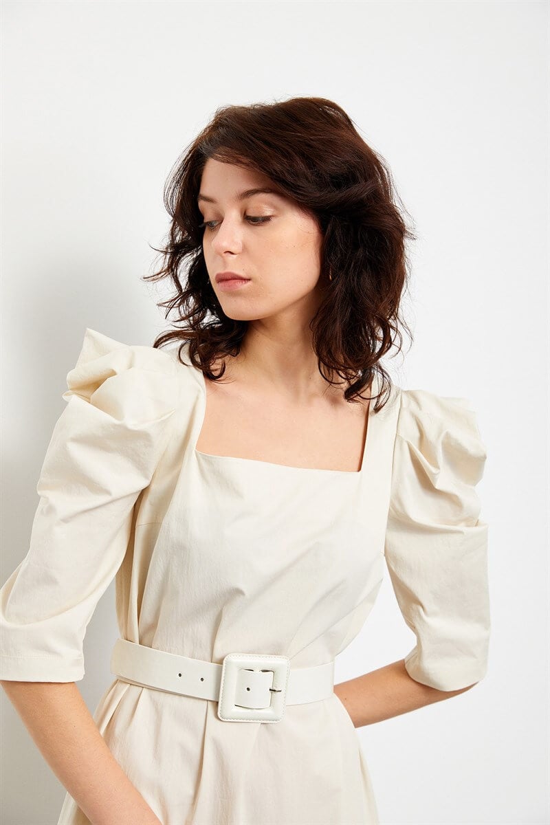 Bej-Kahve Color Block Kemerli Midi ElbiseST060S4010011