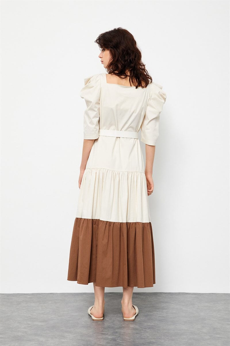Bej-Kahve Color Block Kemerli Midi ElbiseST060S4010011