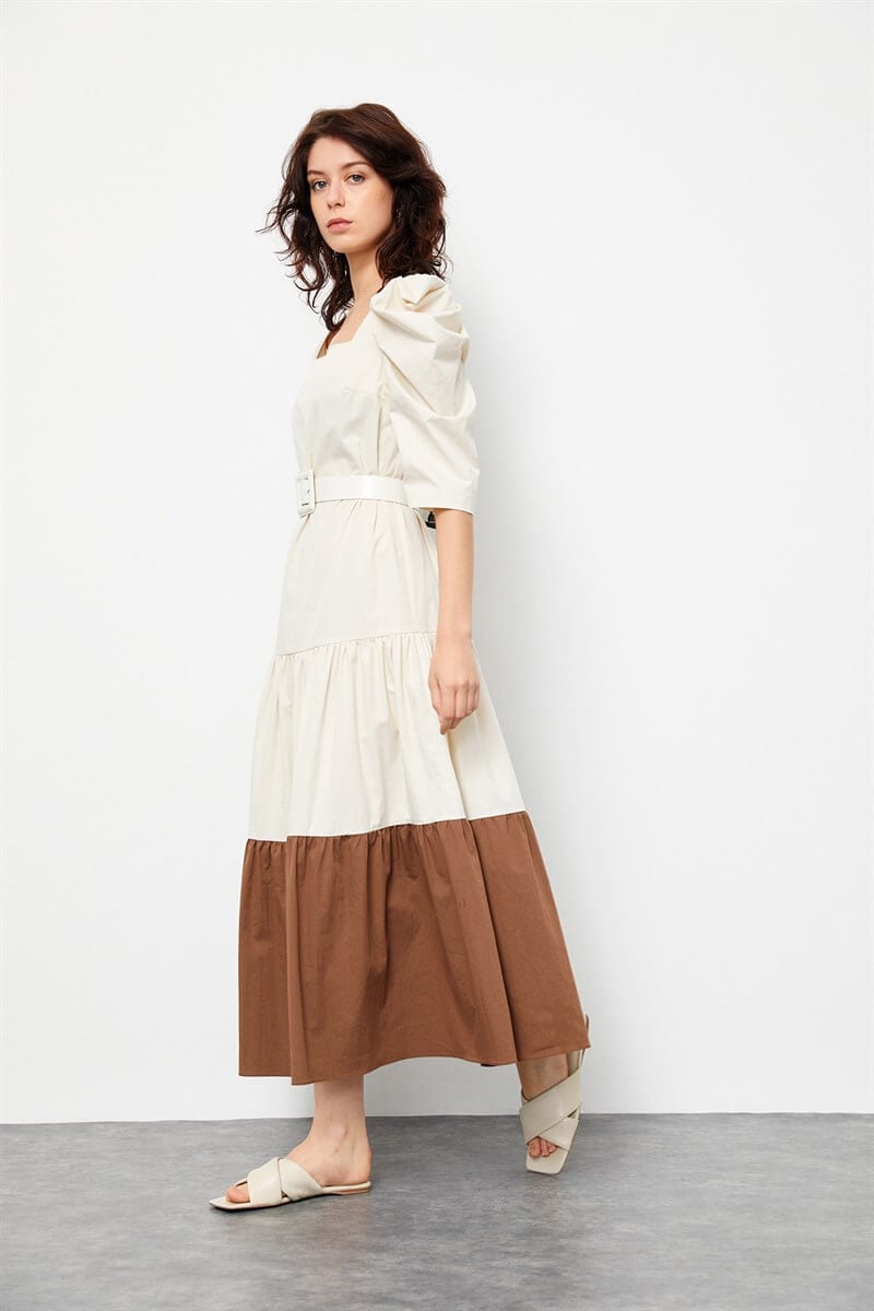 Bej-Kahve Color Block Kemerli Midi ElbiseST060S4010011