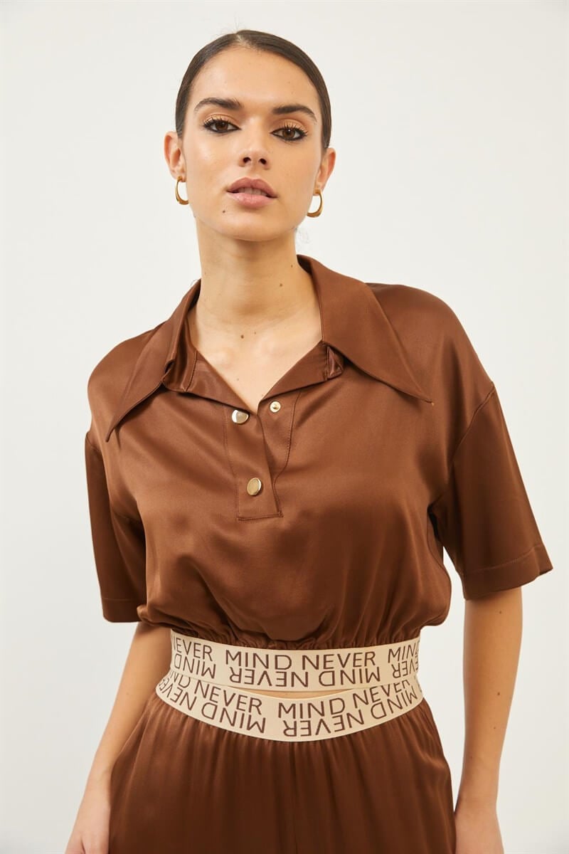 Kahverengi Beli Lastik Detaylı Bluz Palazzo Pantolon TakımST060S30762002