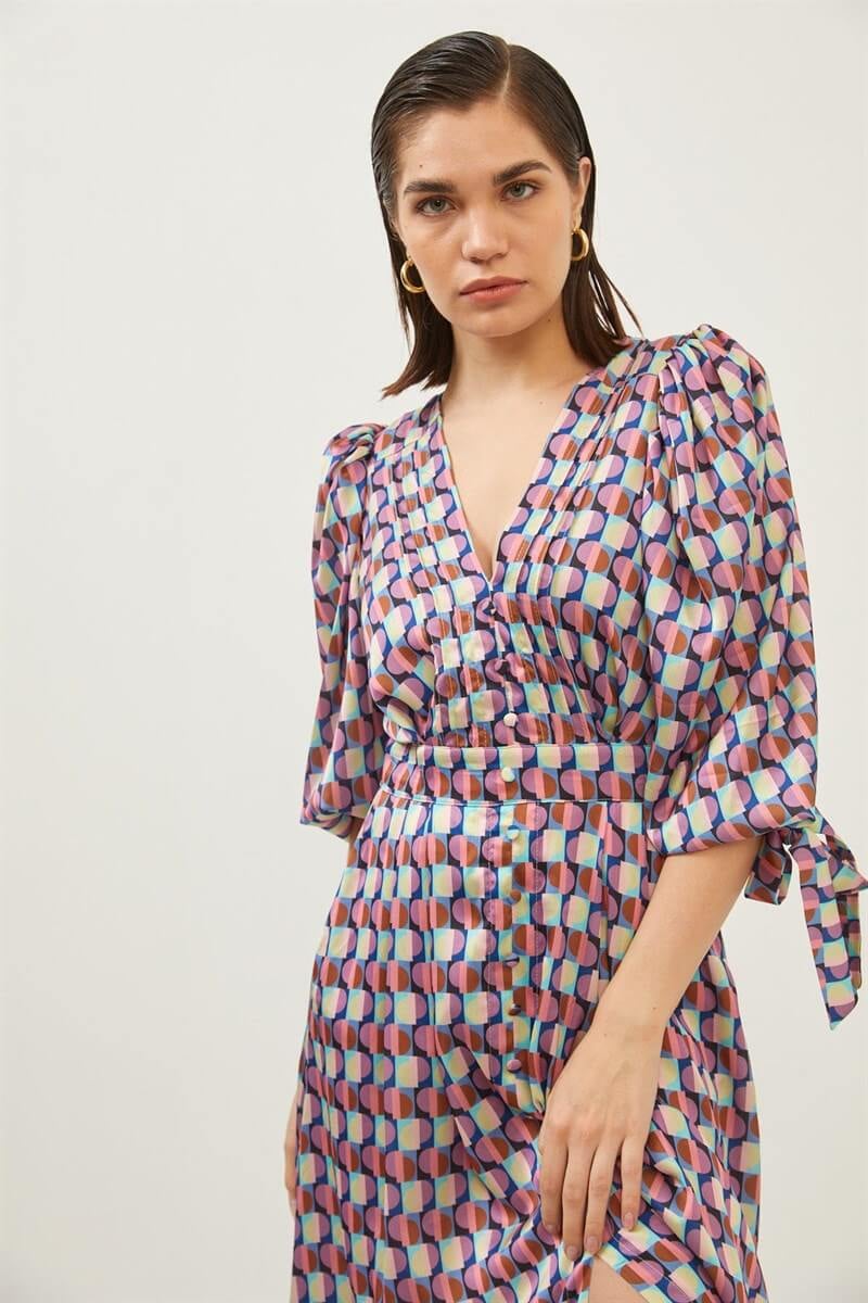 Mor V Yaka Desenli Midi ElbiseST060S40148401