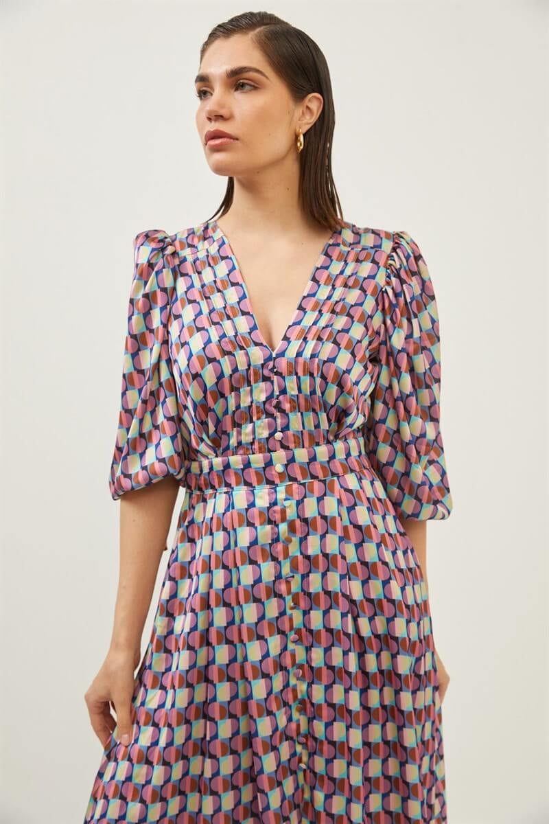Mor V Yaka Desenli Midi ElbiseST060S40148401