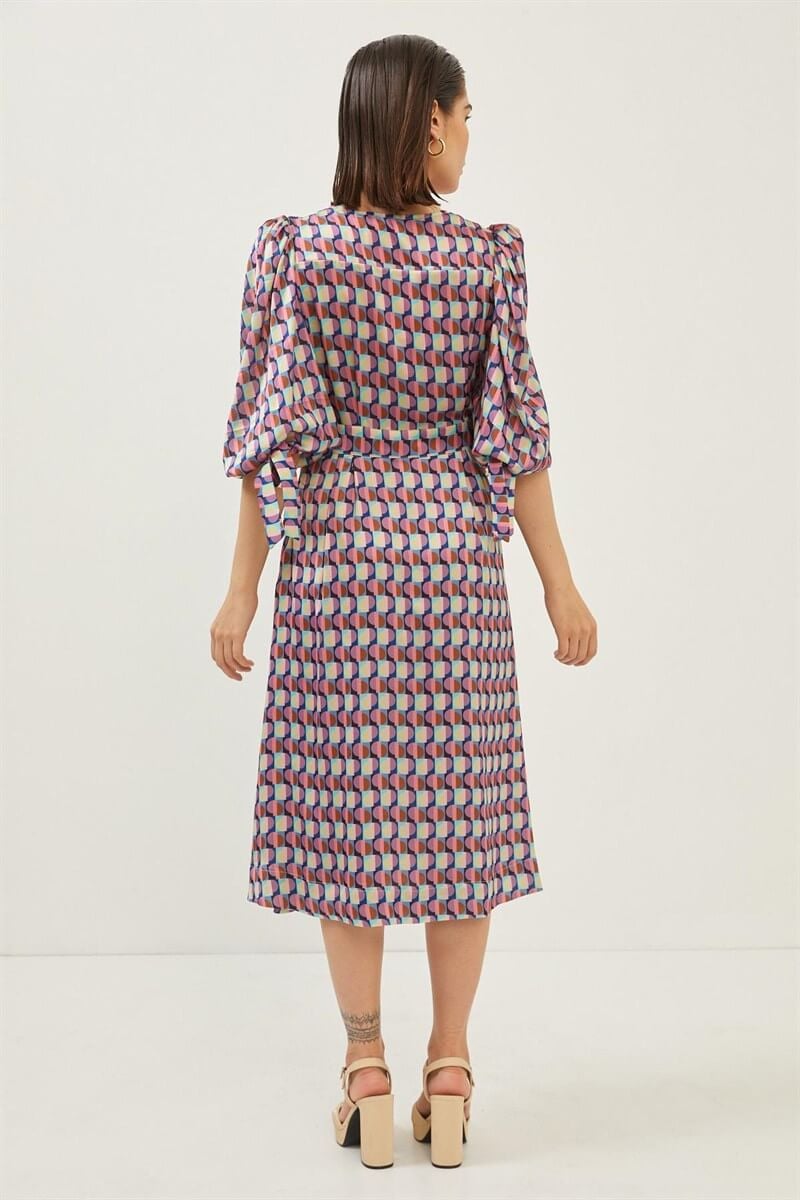 Mor V Yaka Desenli Midi ElbiseST060S40148401