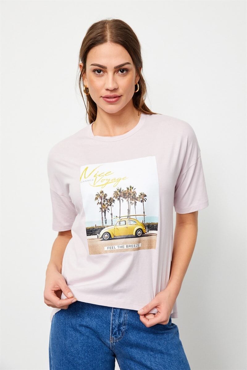 Pudra Bisiklet Yaka Baskılı Pamuk T-ShirtST060S71160002