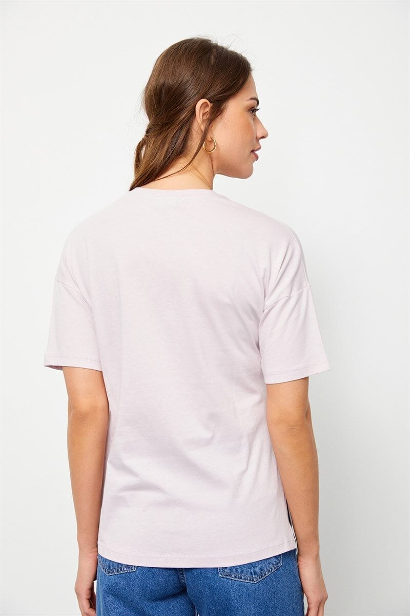 Pudra Bisiklet Yaka Baskılı Pamuk T-ShirtST060S71160002