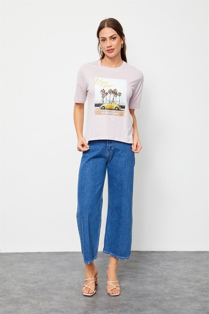 Pudra Bisiklet Yaka Baskılı Pamuk T-ShirtST060S71160002