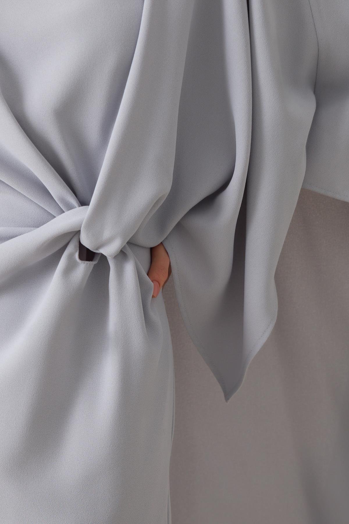 Açık Gri Kayık Yaka Belden Büzgü Detaylı Uzun Kollu Midi Boy Elbise Kadın Dresses & Evening Dresses modelleri