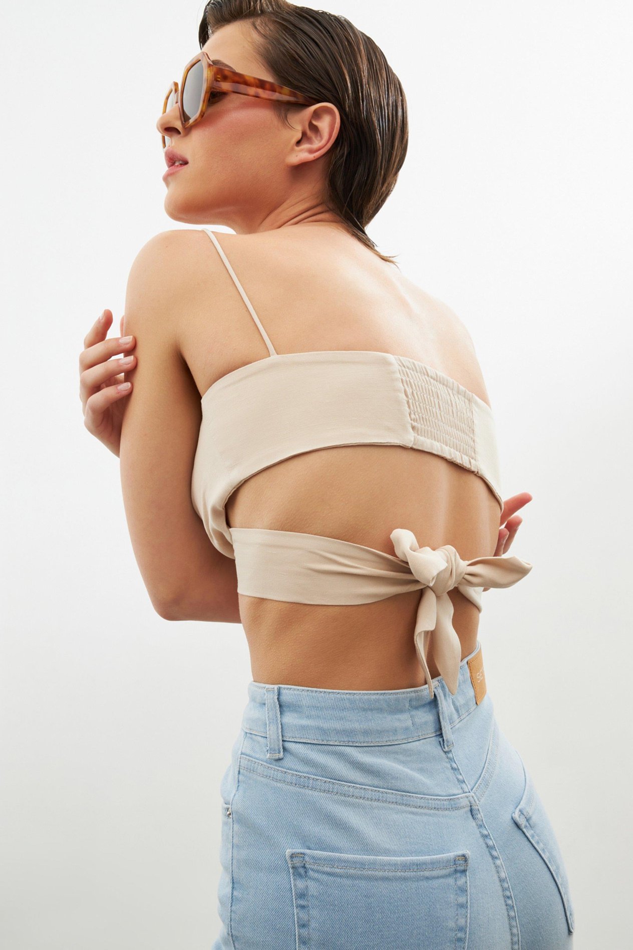 Bej İnce Askılı Crop Bluz Kadın Bluz modelleri