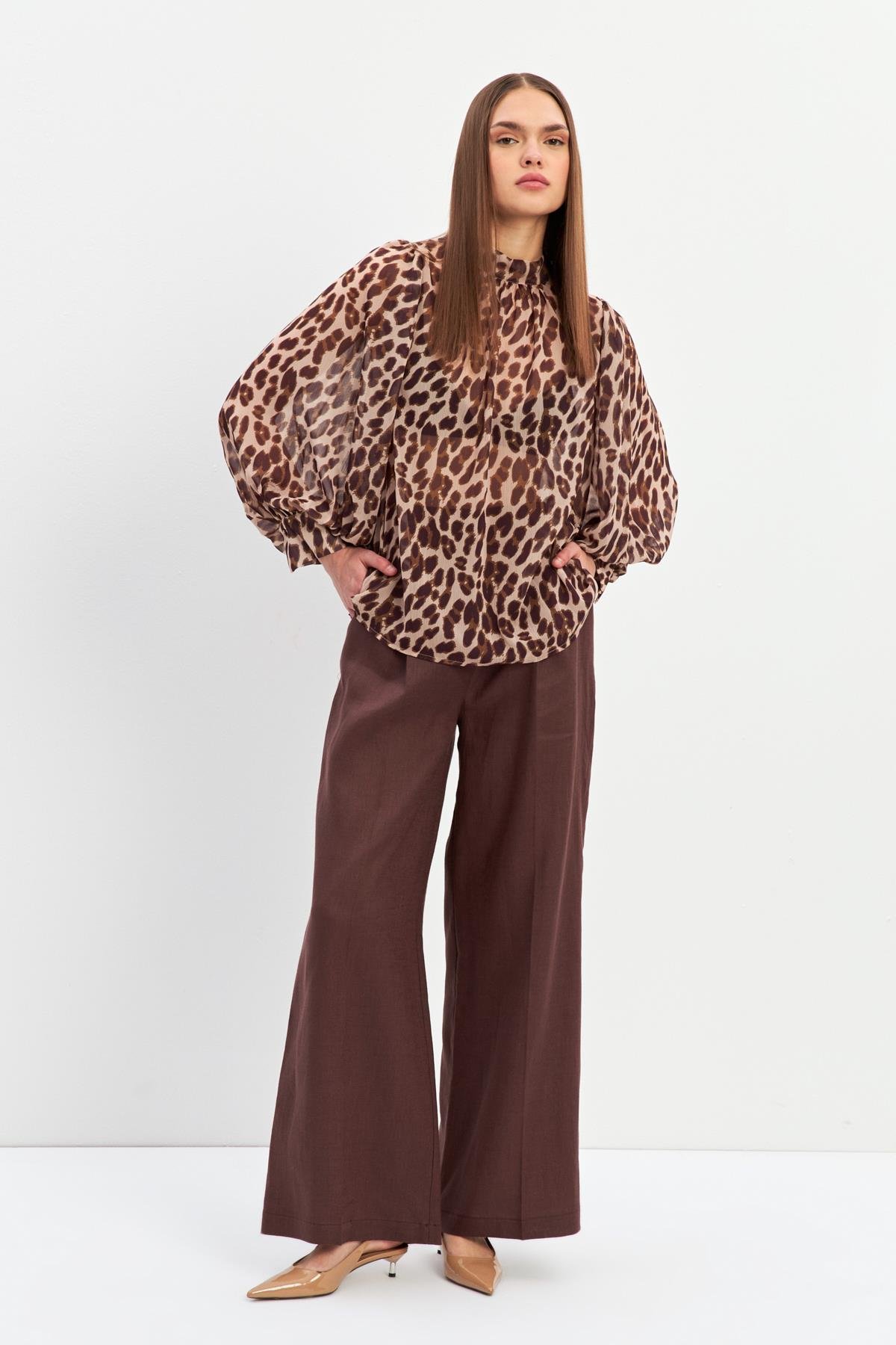 Bej-Kahve Leopar Desenli Boyundan Bağlama Detaylı Bluz Kadın Blouse modelleri