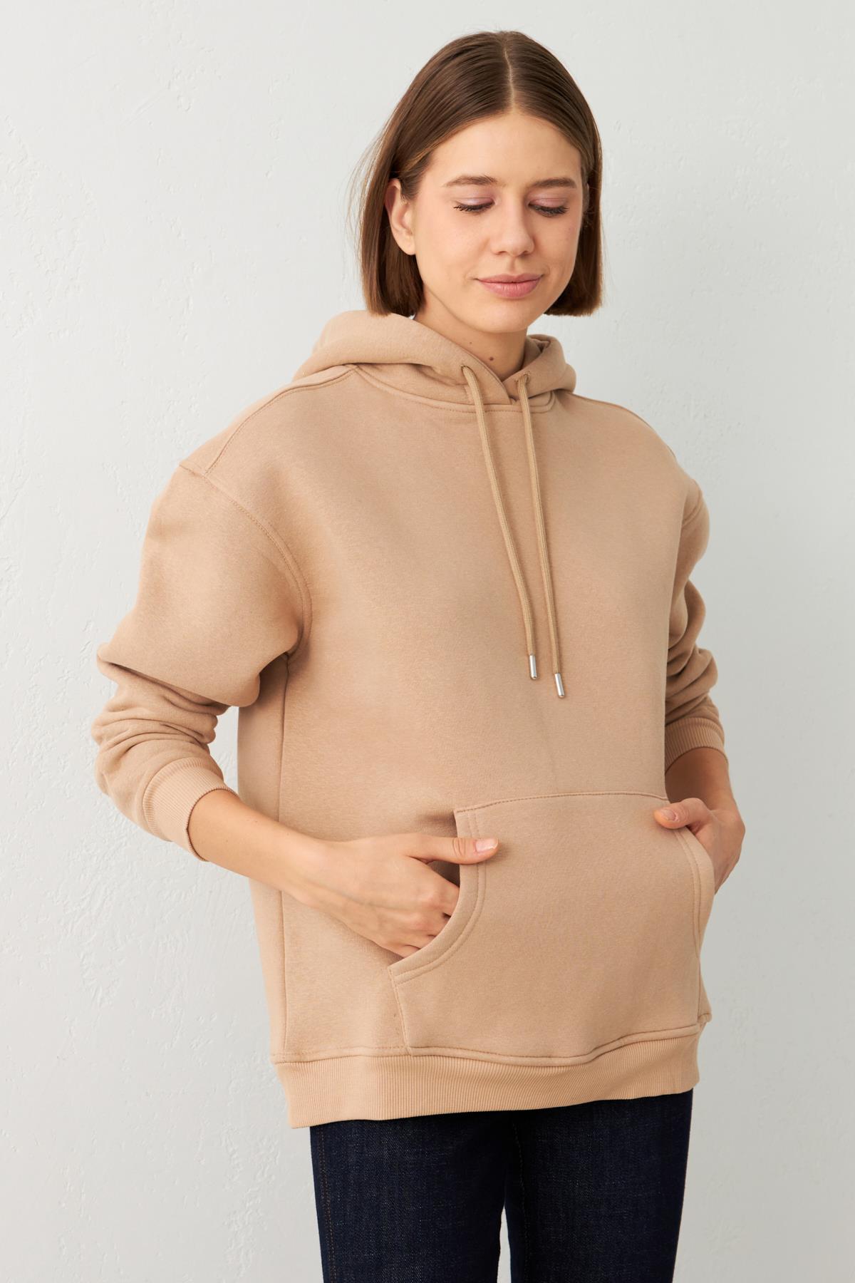 Camel Şapka Ve Cep Detaylı Uzun Kollu Sweatshirt Kadın Kategorisiz modelleri