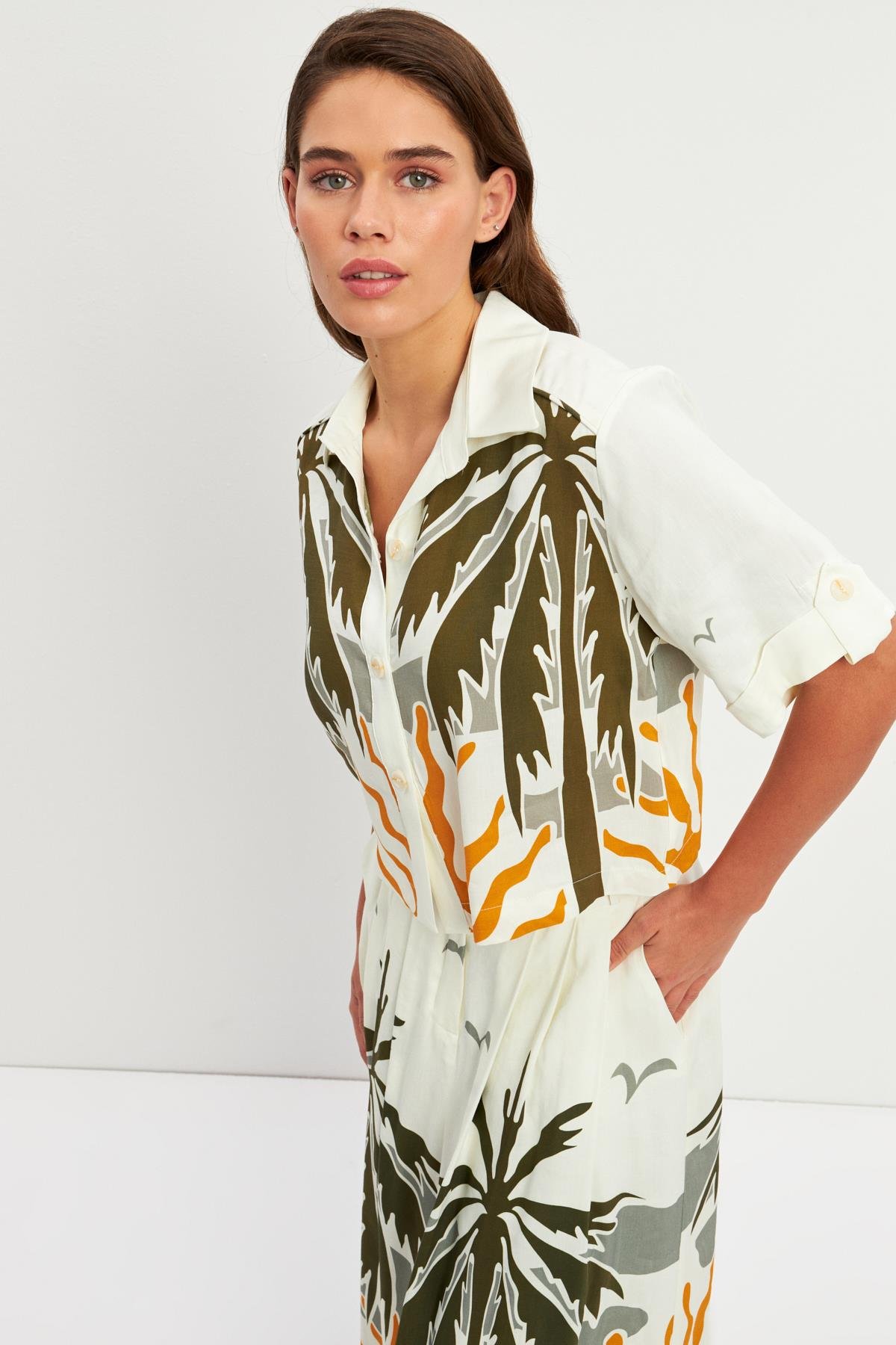 Ekru-Haki Desenli Kolda Düğme Detaylı Gömlek Kadın Shirt modelleri