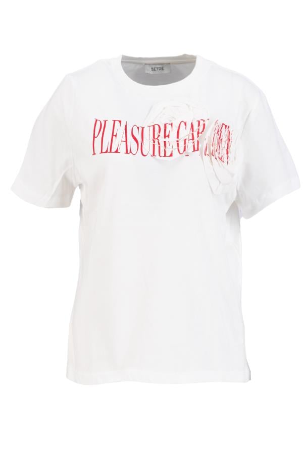 Ekru-Kırmızı Gül Ve Baskı Detaylı T-Shirt Kadın T-Shirt modelleri