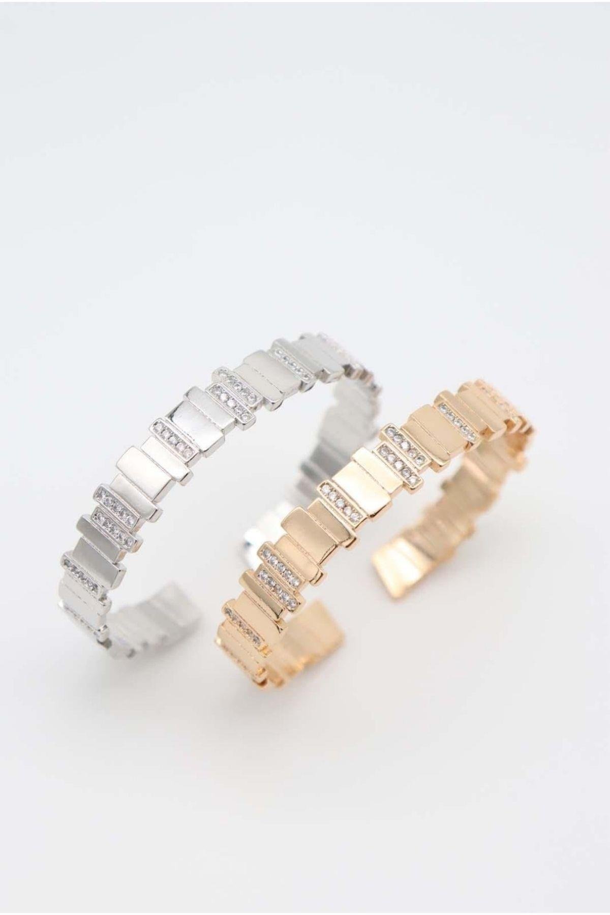 Ekru Model Asimetrik Plaka Zirkon Taş Detaylı Rose Gold Çelik Kelepçe Bileklik Kadın Kategorisiz modelleri