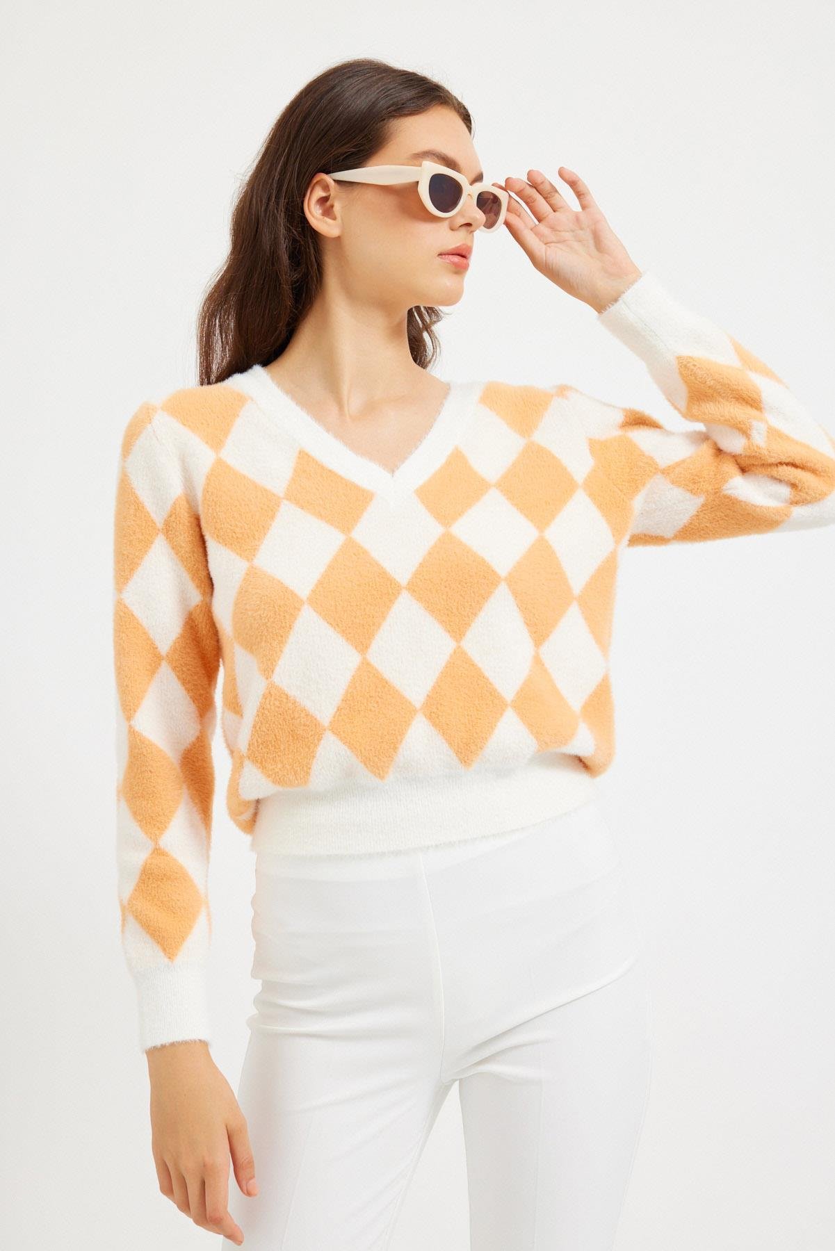 Ekru-Oranj Baklava Desenli V Yaka Triko Kazak Kadın Knitwear modelleri