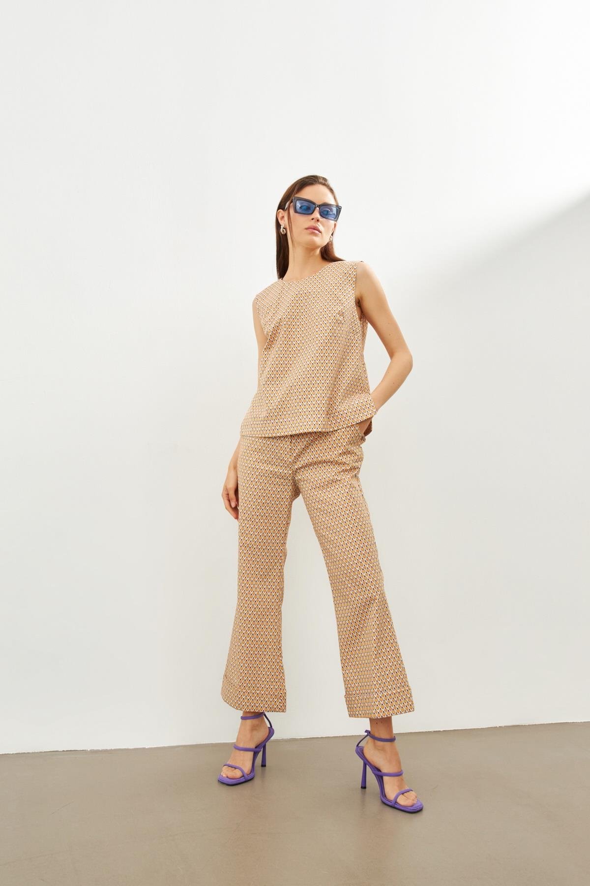 Ekru-Oranj İki Renkli Bluz  Bol Paça Pantolon Takım Kadın Double Suit modelleri