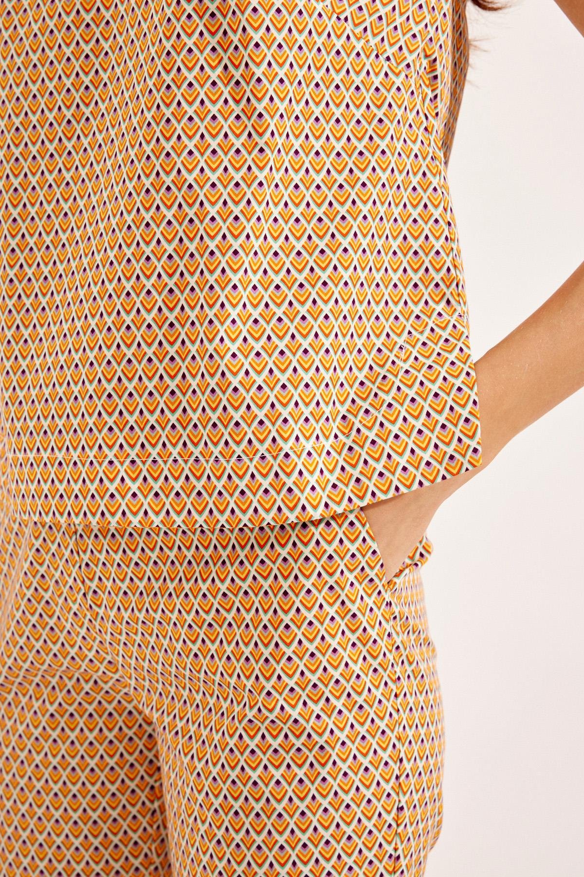 Ekru-Oranj İki Renkli Bluz  Bol Paça Pantolon Takım Kadın Double Suit modelleri