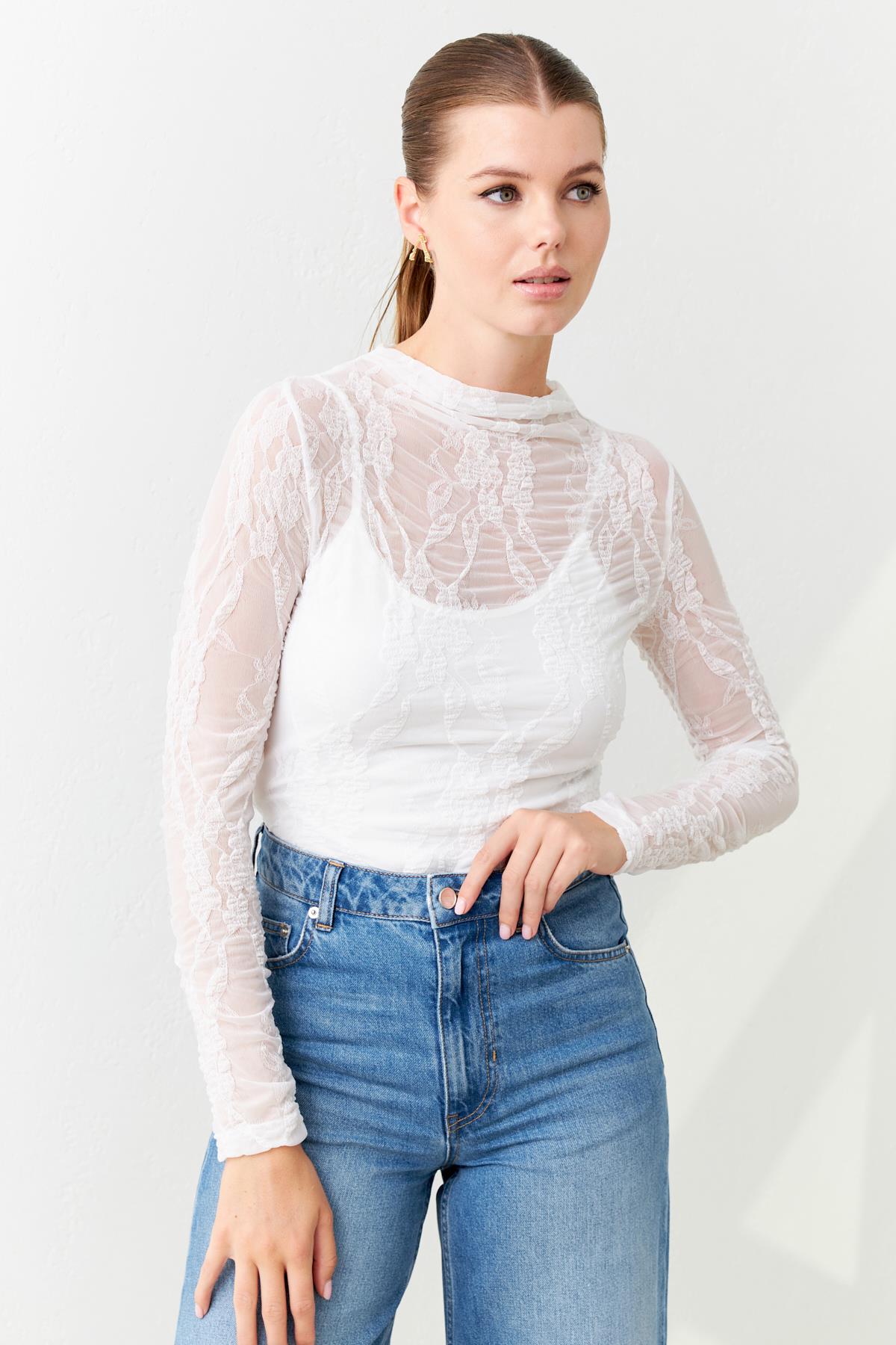 Ekru Transparan Dantel Detaylı Balıkçı Yaka Uzun Kollu Bluz Kadın Blouse modelleri